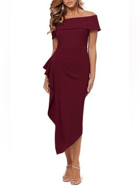 Betsy & Adam Off-The-Shoulder, Asymmetric Hem, with Draped and Fitted Silhouette